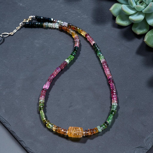 Watermelon tourmaline beaded necklace, 14k gold filled ombré multicolor tourmaline