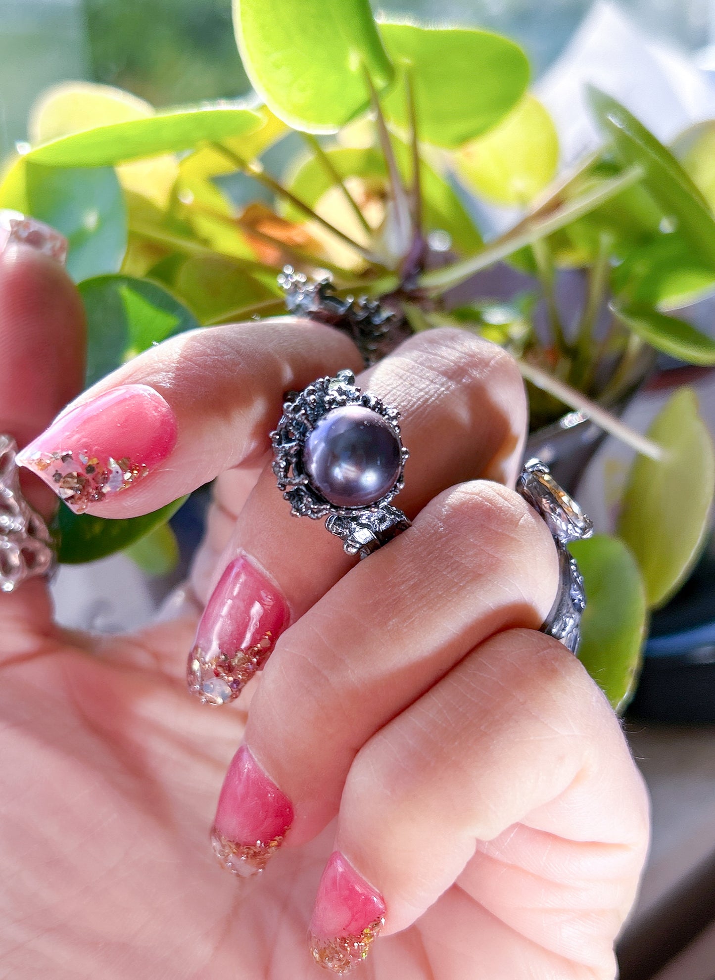 Black cultured pearl ring, coral pearl statement piece in a custom hand-carved casting ring band, in patina sterling silver, ocean jewelry