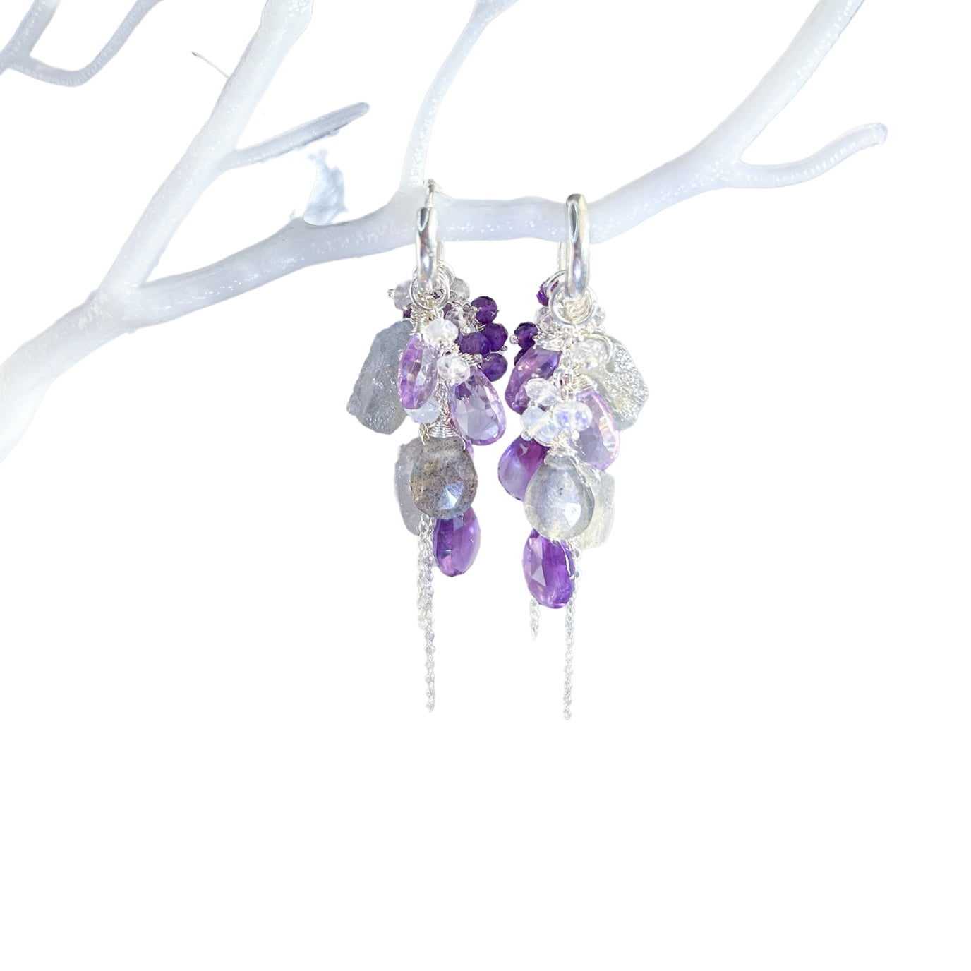 Amethyst labradorite gemstone earring in sterling silver, mini hoop with amethyst, Labradorite, statement chandelier cluster earrings