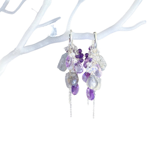 Amethyst labradorite gemstone earring in sterling silver, mini hoop with amethyst, Labradorite, statement chandelier cluster earrings