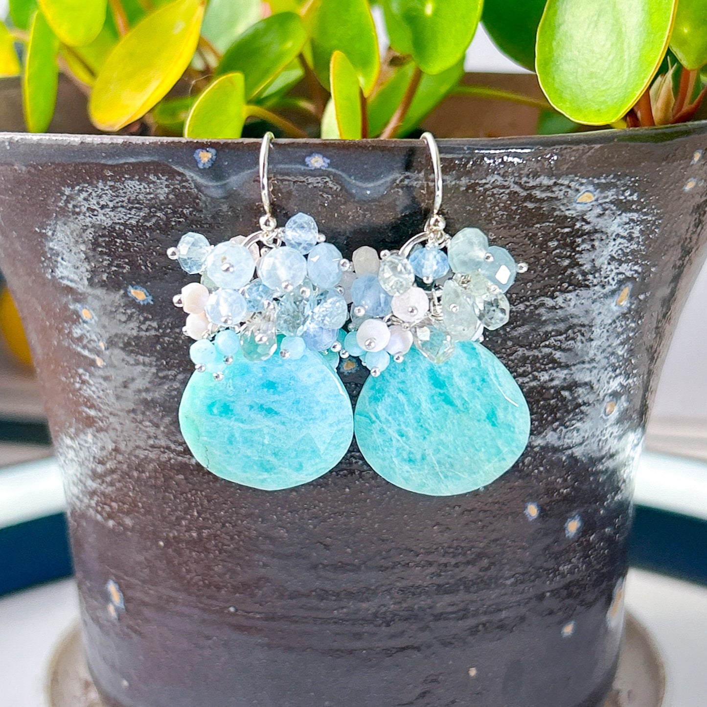 Amazonite earrings, mint gemstone cluster w pink opal, amazonite, teal apatite
