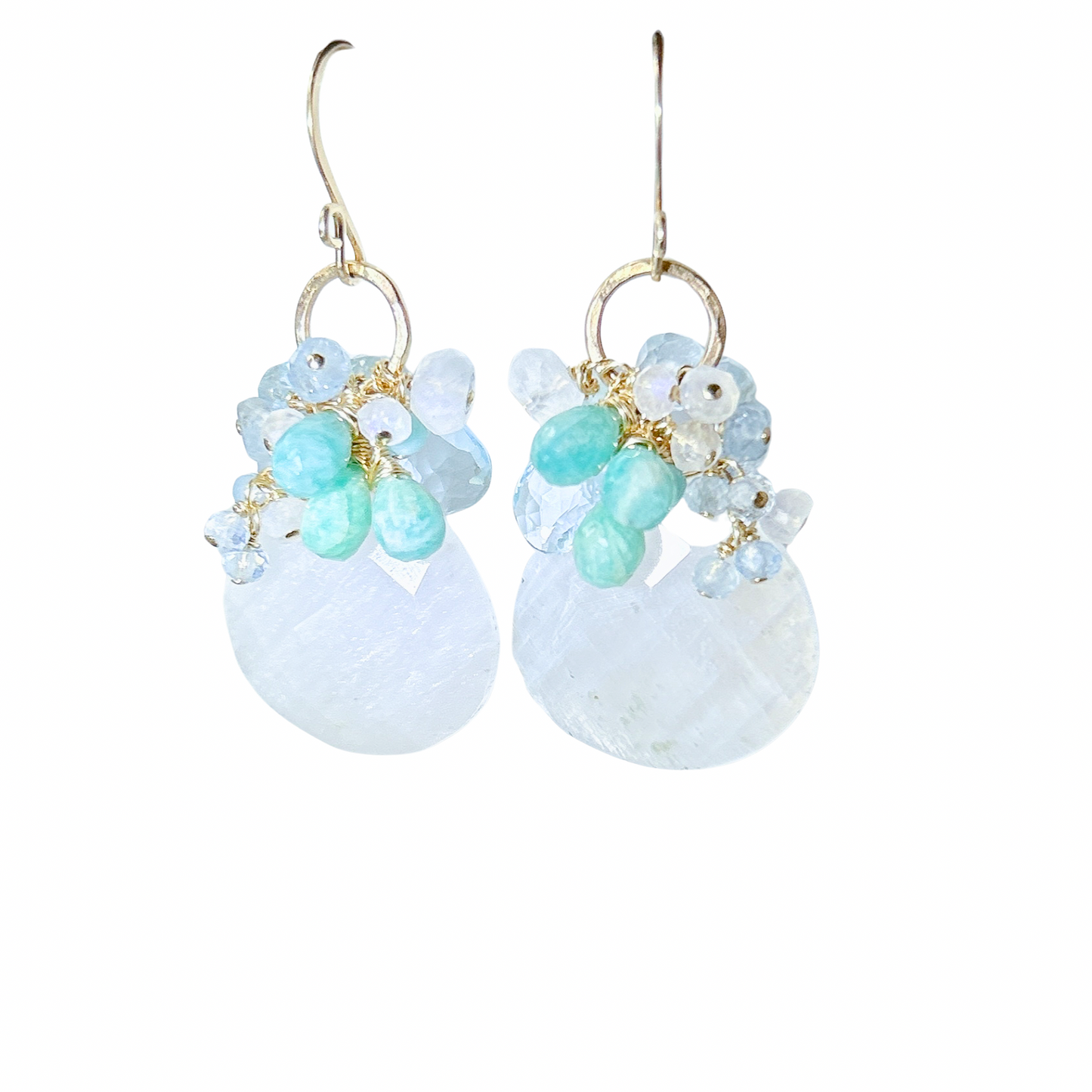 Rainbow moonstone earrings, aquamarine, amazonite, blue topaz gemstones cluster dangle earrings