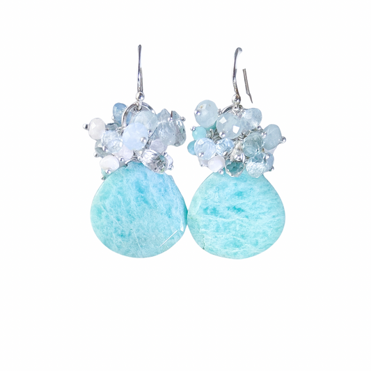 Amazonite earrings, mint gemstone cluster w pink opal, amazonite, teal apatite