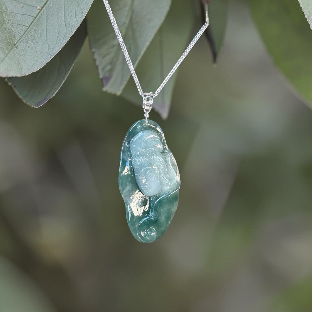 Natural Burmese jade craving Guanyin, 47x23MM translucent two tone white green jade Kuan Yin pendent necklace. Myanmar Type A Jade Jewelry