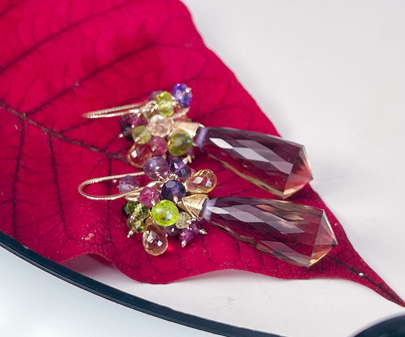 Ametrine pink tourmaline ruby citrine Amethyst cluster earrings, a beautiful gold statement piece to any jewelry collection