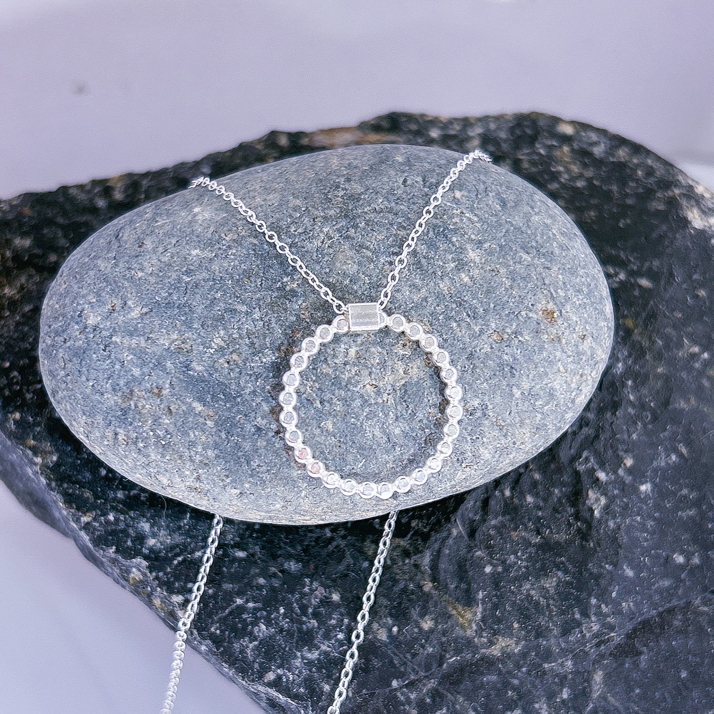 handmade hammered silver beaded halo open circle necklace, folding circle hoop necklace