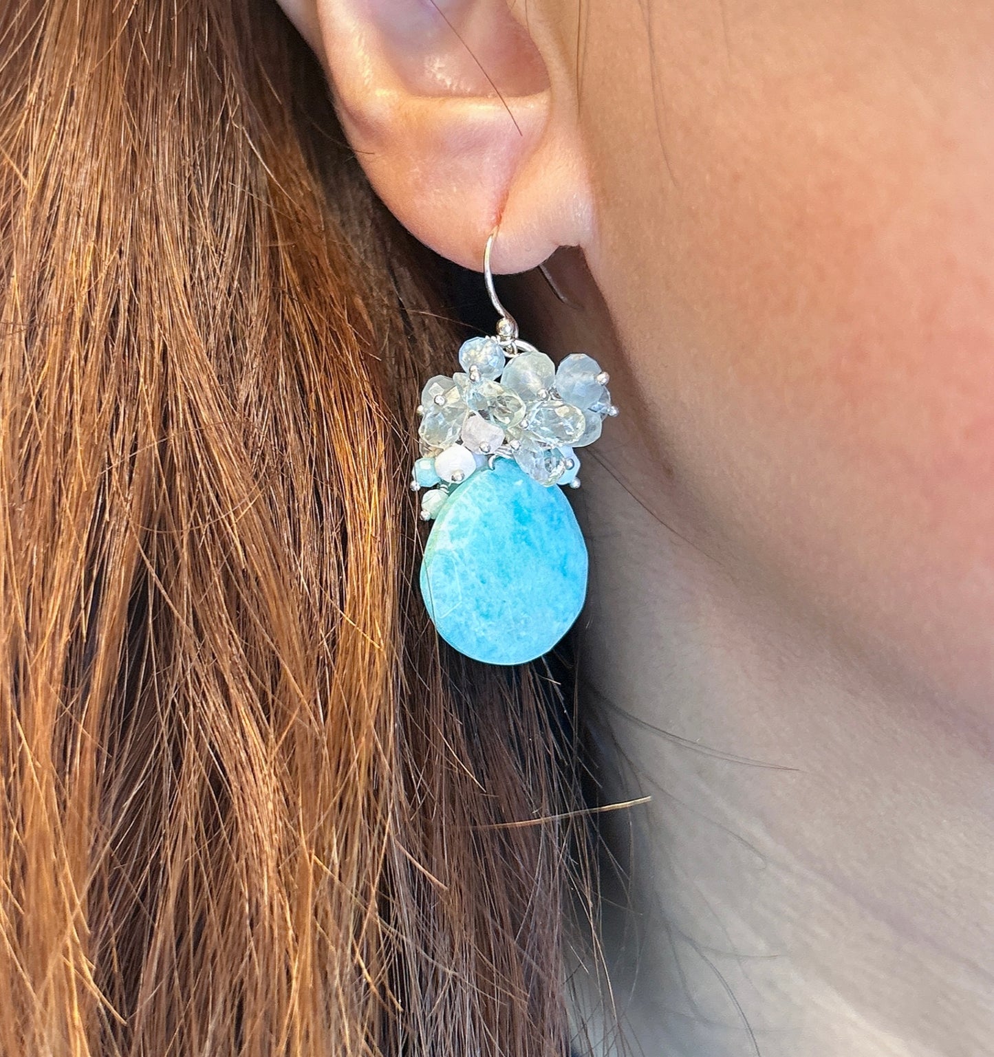 Amazonite earrings, mint gemstone cluster w pink opal, amazonite, teal apatite