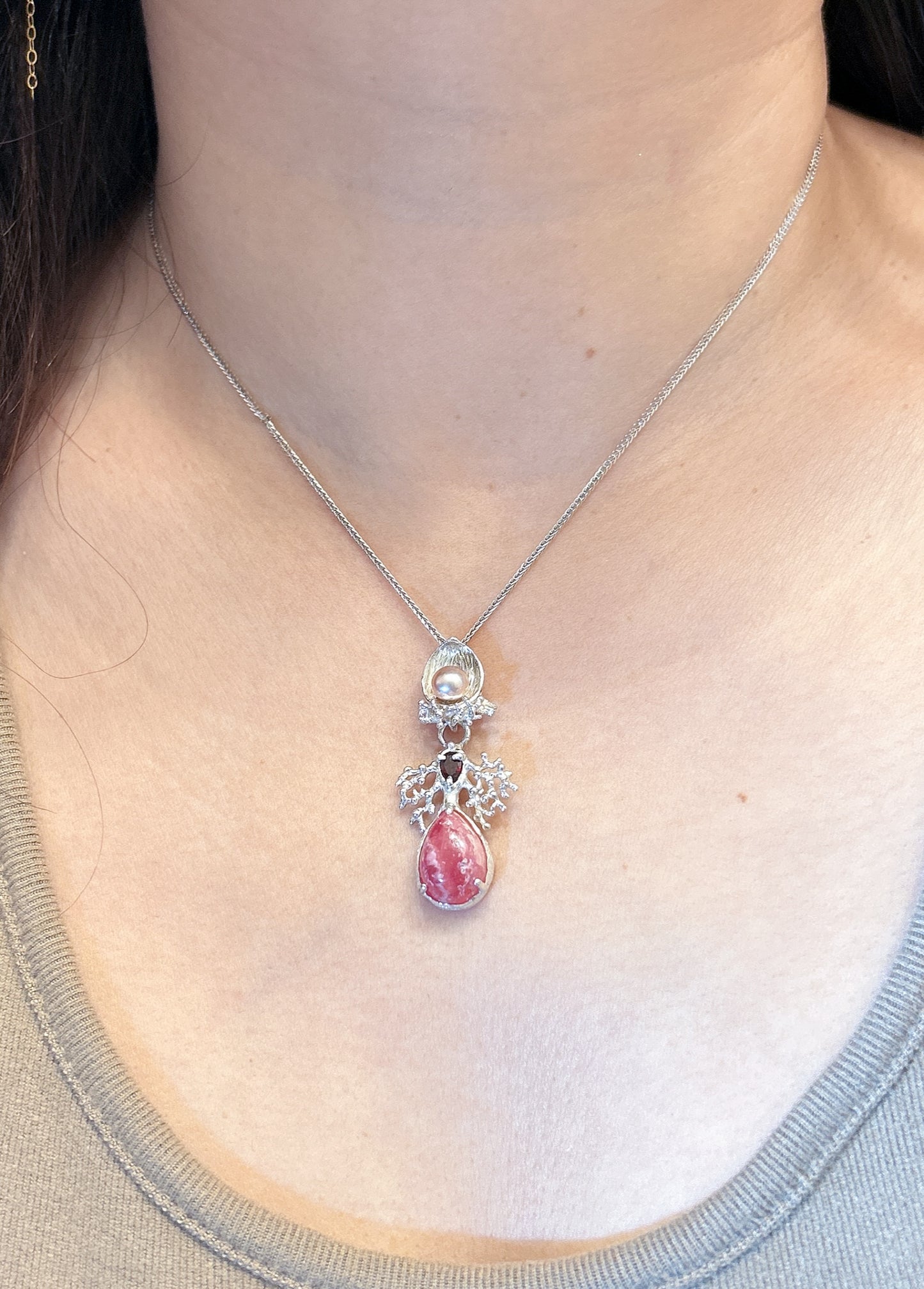 Rhodochrosite garnet pearl pendent necklace natural inspired necklace with salmon pink gemstone