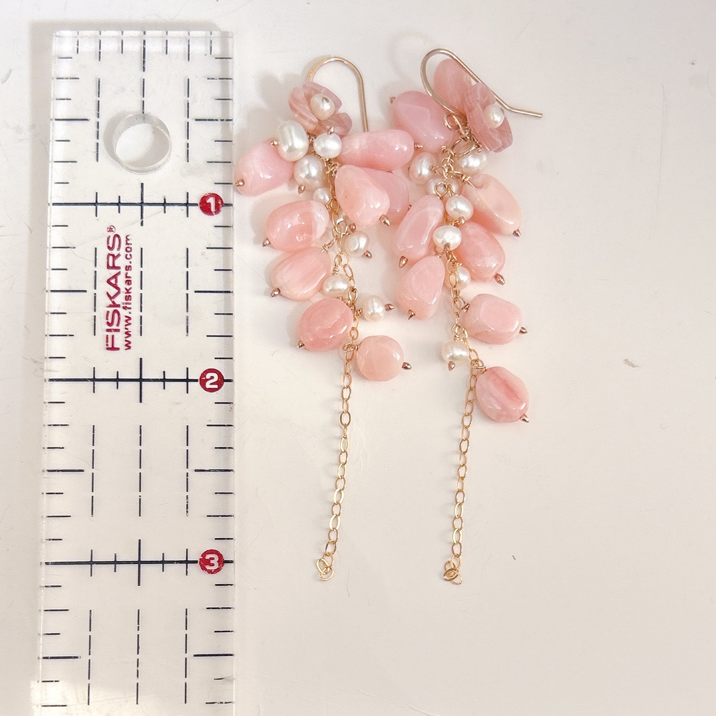 Pink opal pearl earrings, cotton candy gemstone earring cluster, long cluster tassel earrings with natural pink opal and freshwater pearl.