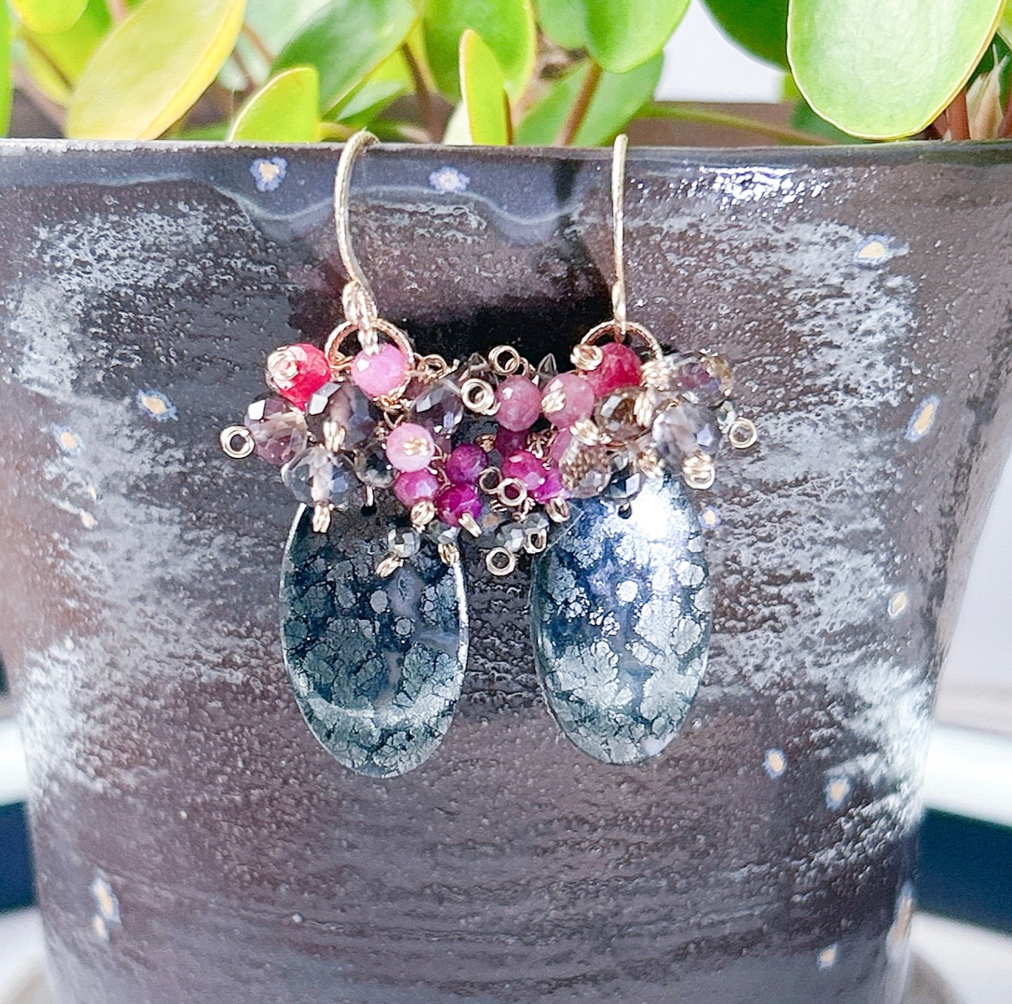 Marcasite, pink tourmaline, ruby, pyrite, smoky quartz natural gemstone cluster earrings, unique handmade cluster earrings in gold filled