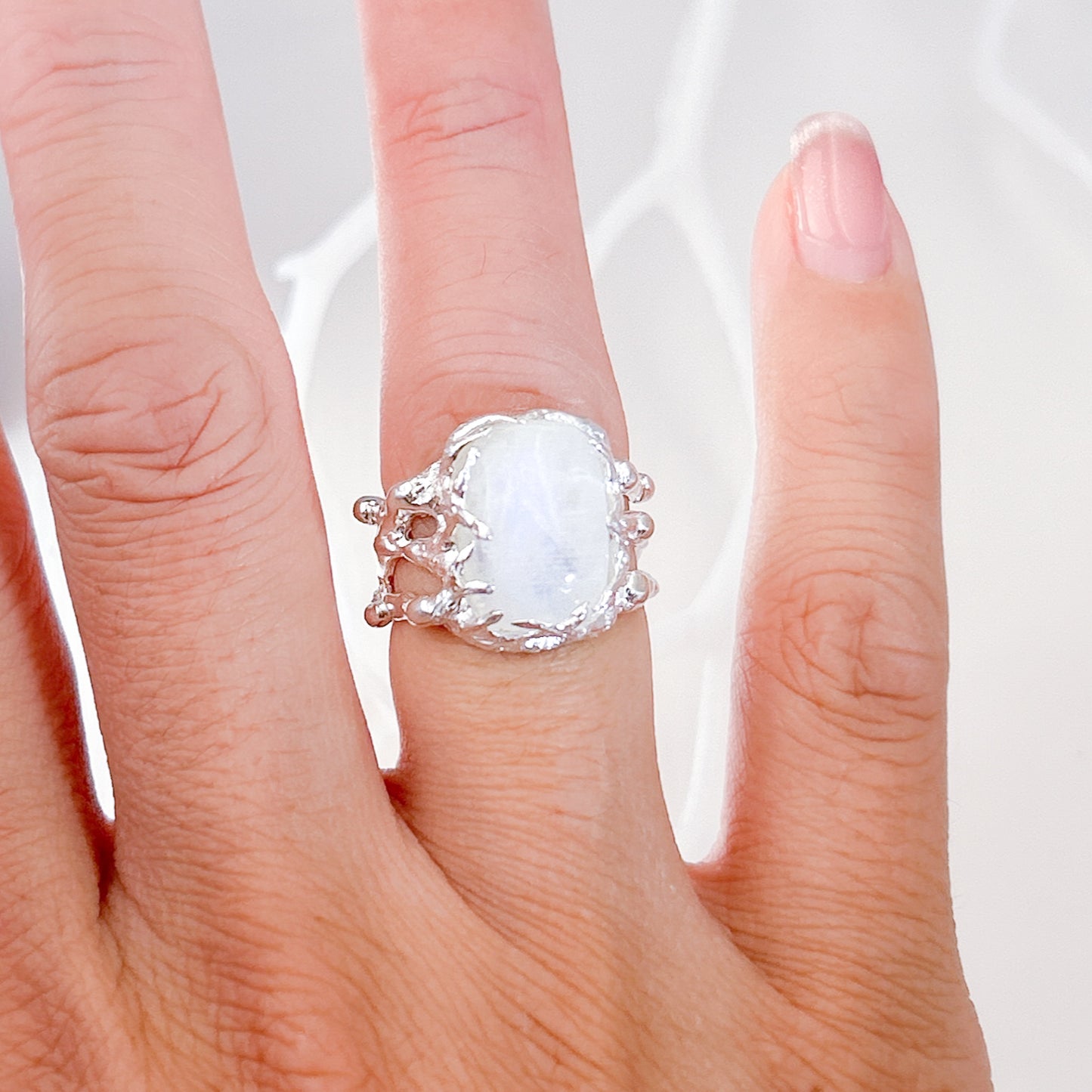 Larimar, moonstone ring, statement piece in a Hand-craved wide casting ring band, with melted details. Sterling silver ring, ocean jewelry