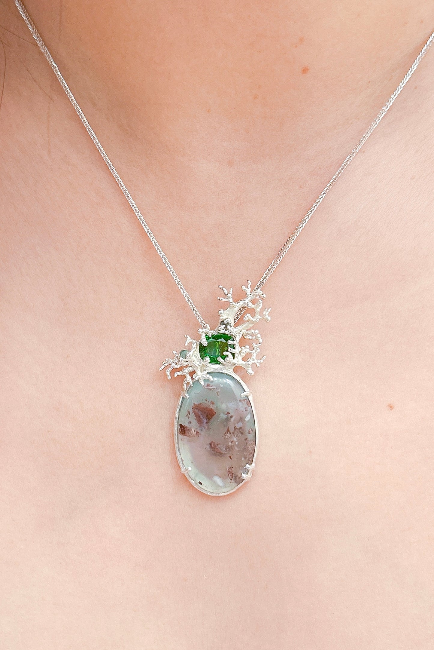 Aqua chalcedony Russian chrome diopside pendent necklace, unique casting statement piece
