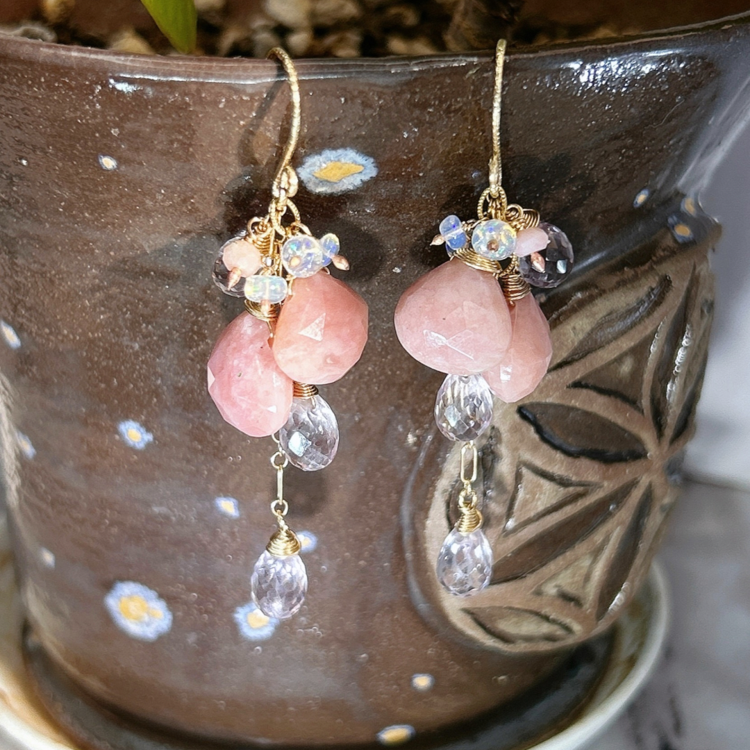 Pink opal earrings, long dangle cluster with pink opal, pink amethyst, and Ethiopian opal gemstones. Cascading pink floral earrings for her
