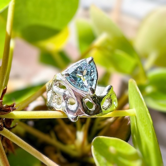Blue topaz, or citrine melted ring, modern Freeform silver ring with a natural 8mm trillion solitaire gemstone.