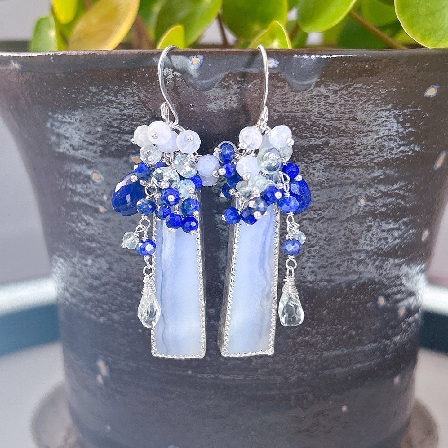 Blue lace agate lapis lazuli aquamarine natural gemstone cluster earrings. blueberry vineyard inspired earrings
