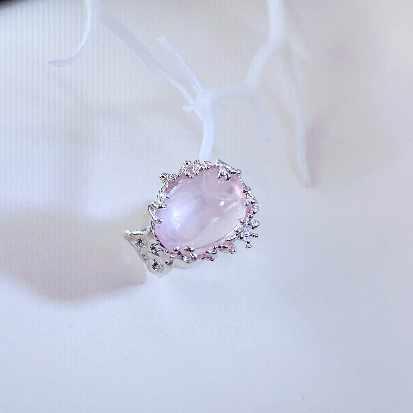 Rose quartz ring, hand craved lost wax freeform organic ring band with coral reef branches, the heeling gemstone ring sterling silver