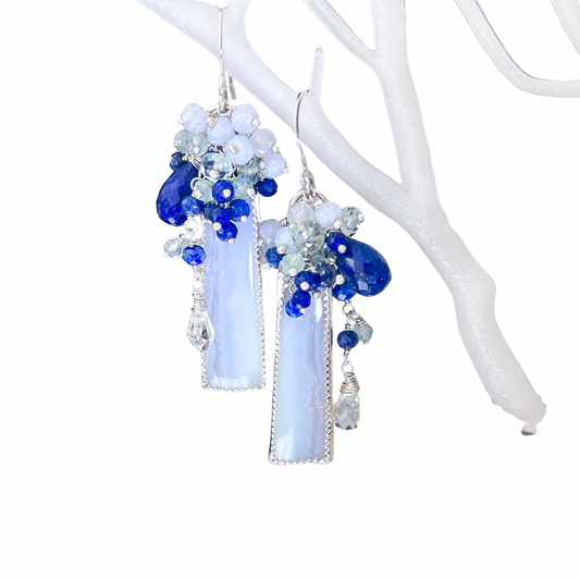 Blue lace agate lapis lazuli aquamarine natural gemstone cluster earrings. blueberry vineyard inspired earrings