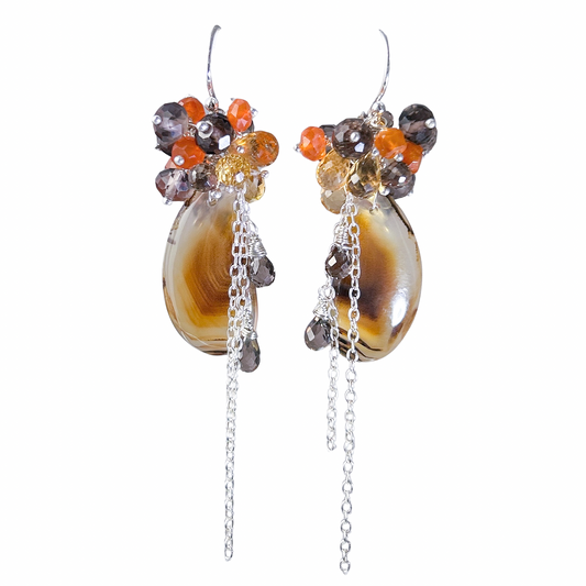 Montana agate citrine carnelian smoky quartz earrings, Montana agate statement cluster earrings, Unique earthy sterling silver earrings