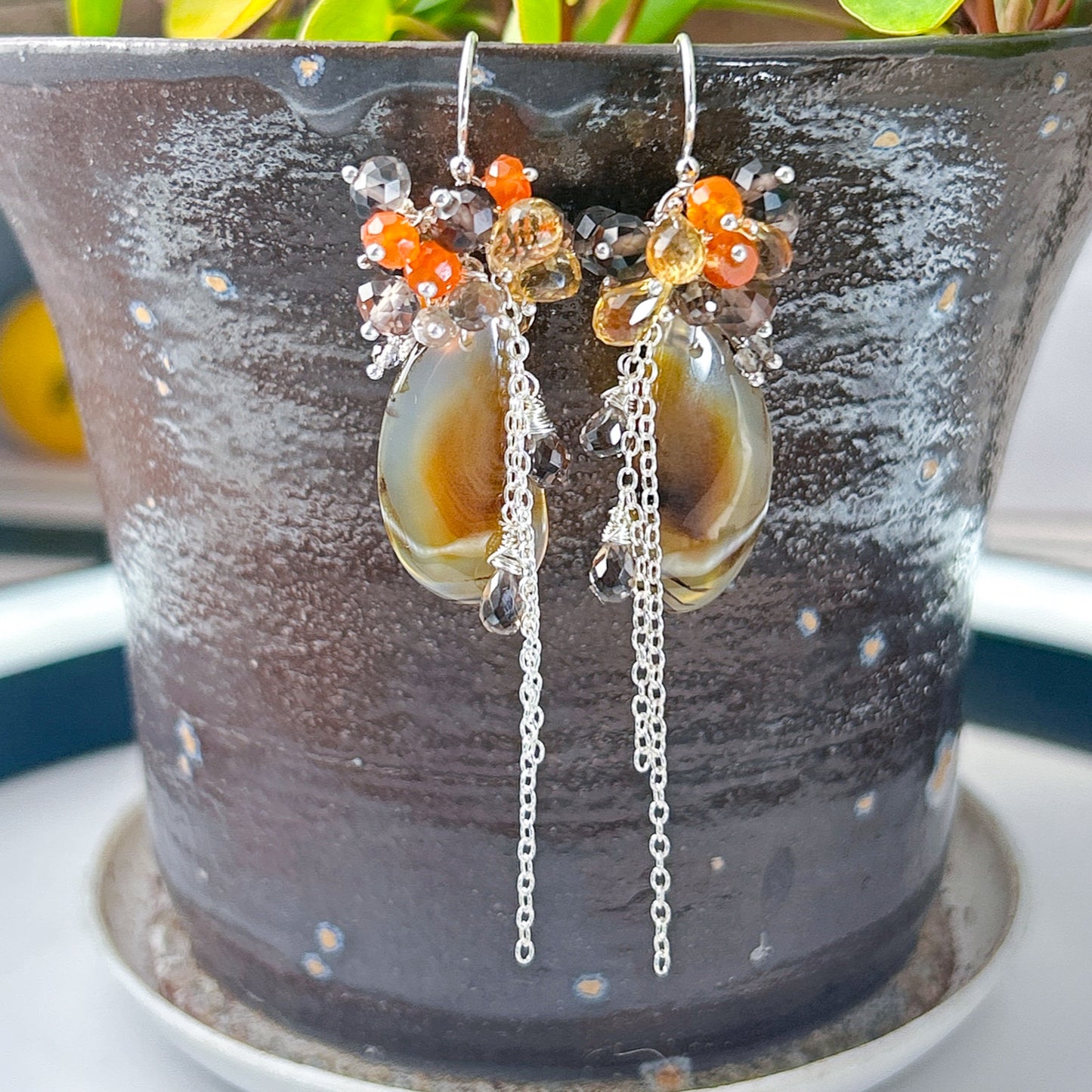 Montana agate citrine carnelian smoky quartz earrings, Montana agate statement cluster earrings, Unique earthy sterling silver earrings
