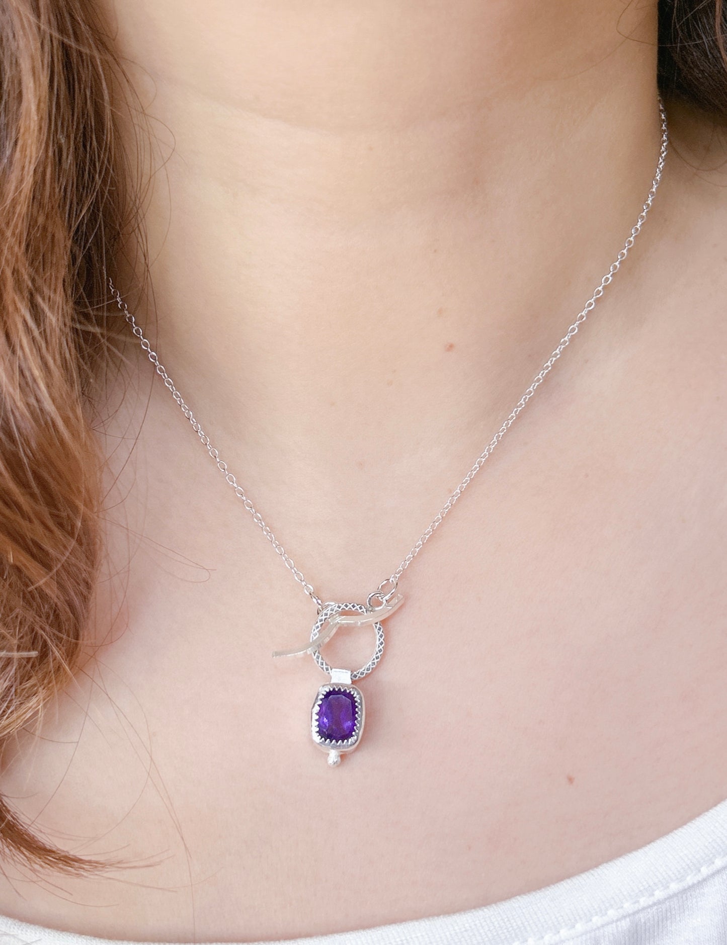 Amethyst cushion single gemstone necklace, amethyst chocker sterling silver necklace