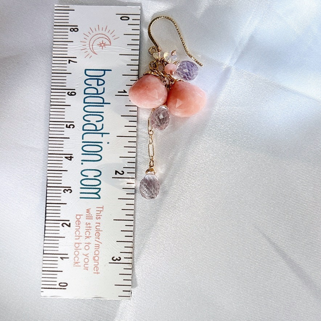 Pink opal earrings, long dangle cluster with pink opal, pink amethyst, and Ethiopian opal gemstones. Cascading pink floral earrings for her