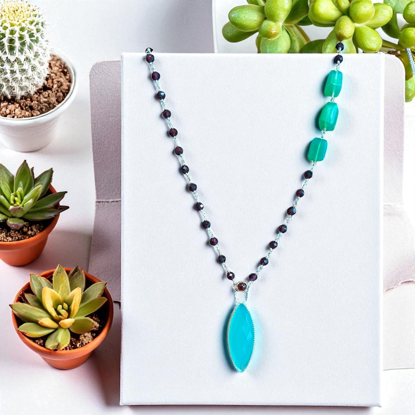 Green chalcedony gemstone necklace sterling silver pendent necklace w Aqua chalcedony, garnet