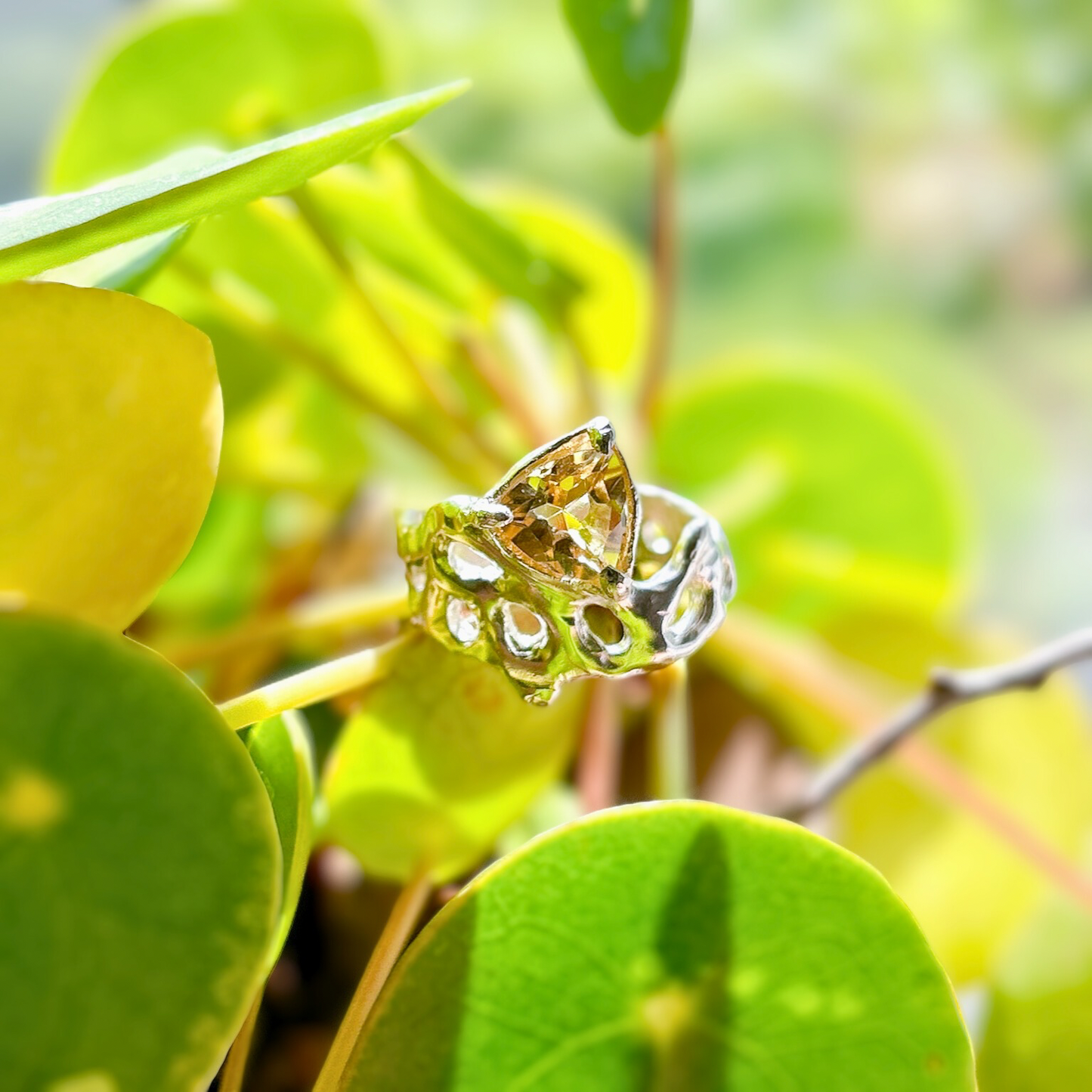 Blue topaz, or citrine melted ring, modern Freeform silver ring with a natural 8mm trillion solitaire gemstone.