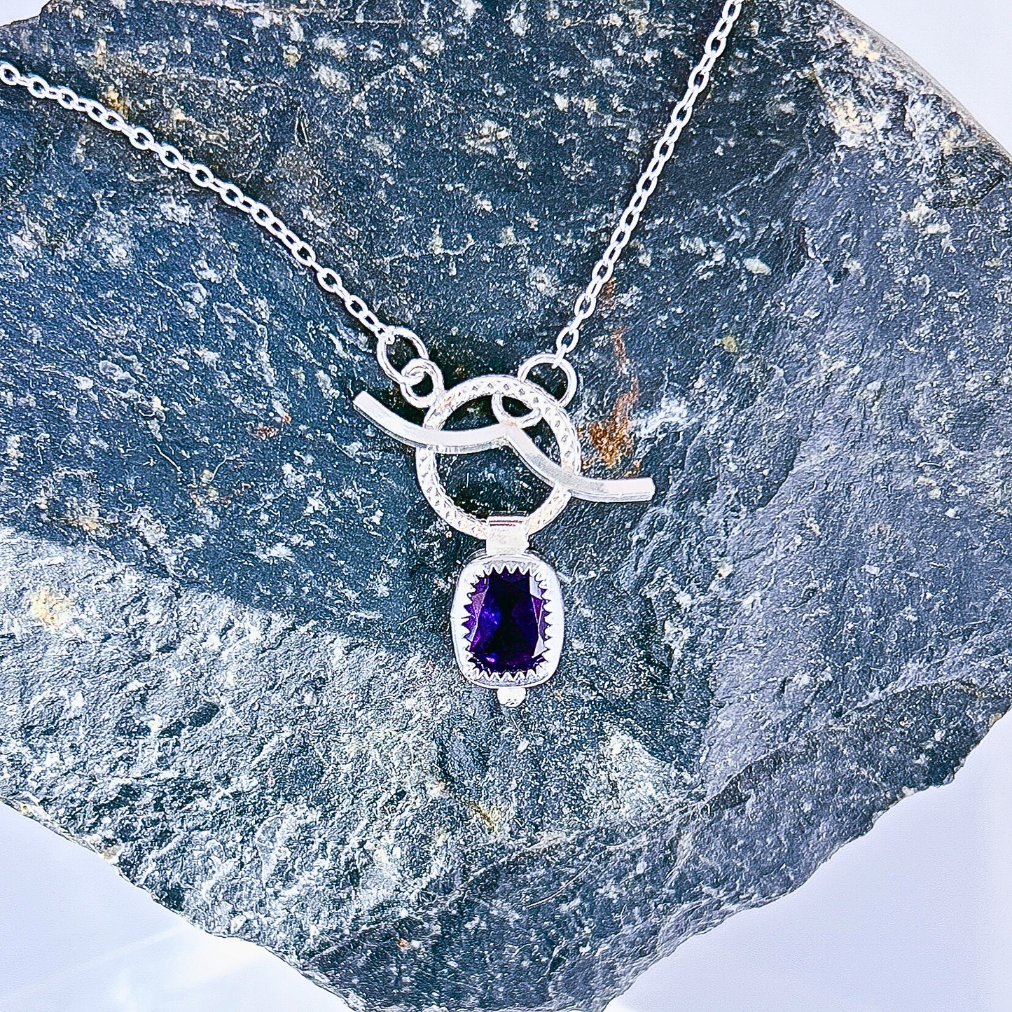 Amethyst cushion single gemstone necklace, amethyst chocker sterling silver necklace
