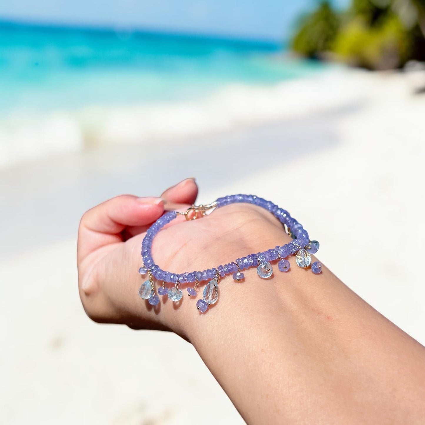 14k Gold Filled Tanzanite Bracelet, Gemstone Beaded Jewelry in blue purple tanzanite, 4mm tanzanite, blue topaz drops