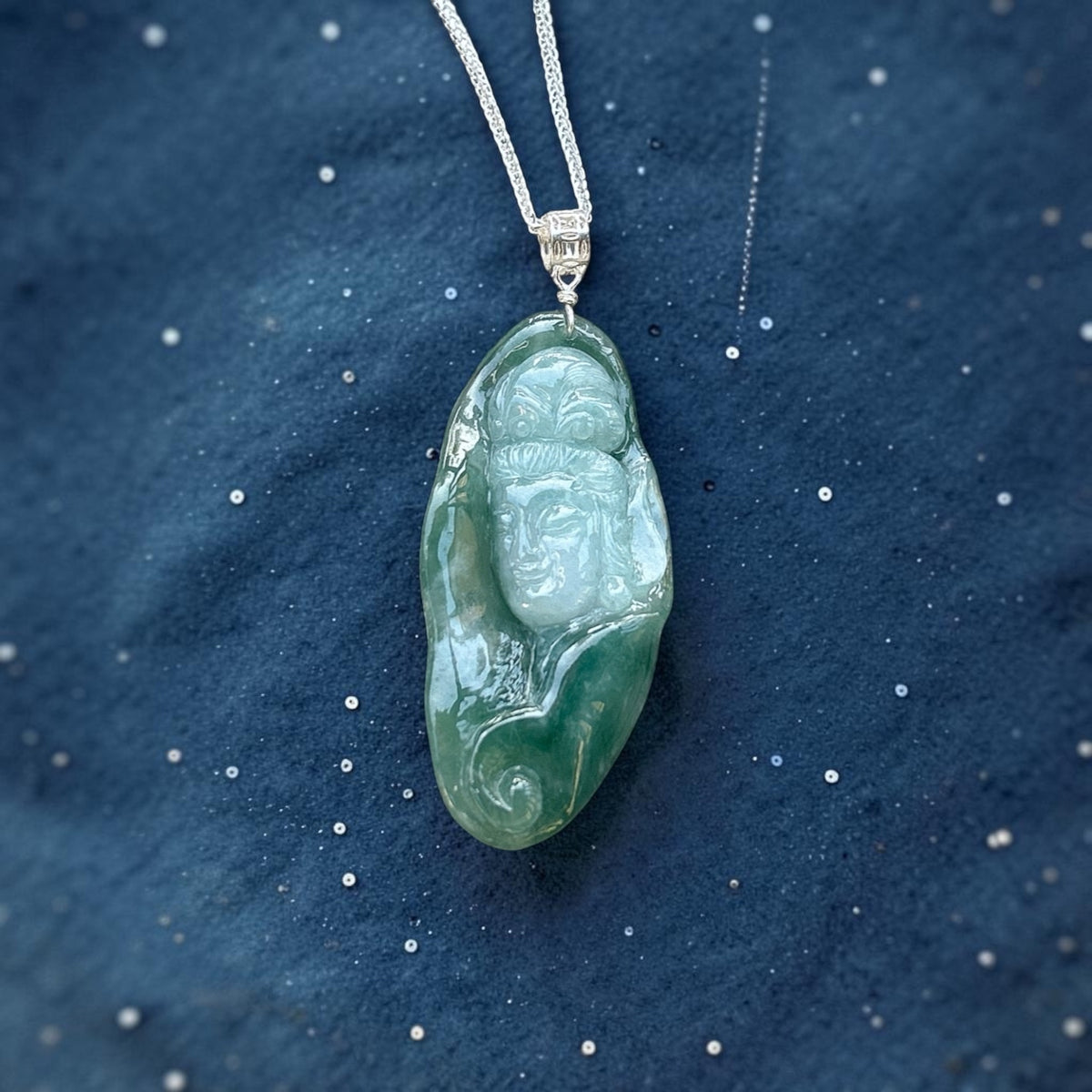 Natural Burmese jade craving Guanyin, 47x23MM translucent two tone white green jade Kuan Yin pendent necklace. Myanmar Type A Jade Jewelry