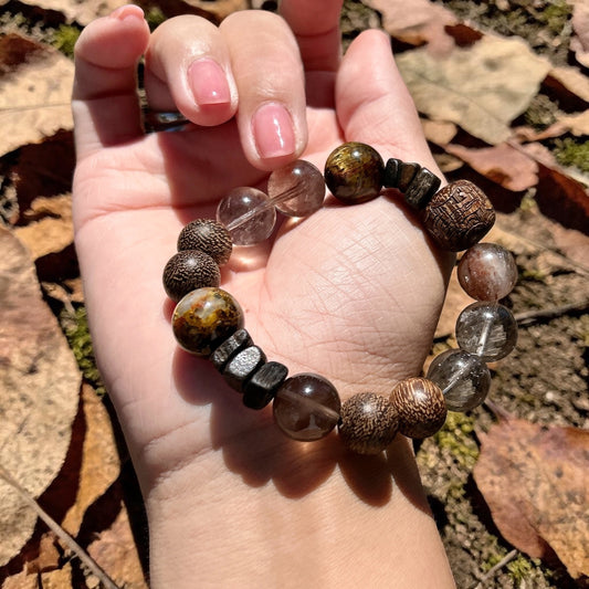 Agarwood smoky quartz Pietersite beaded bracelet, golden brown Gemstone Stretch Bracelet, natural scent natural redwood