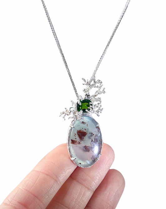 Aqua chalcedony Russian chrome diopside pendent necklace, unique casting statement piece