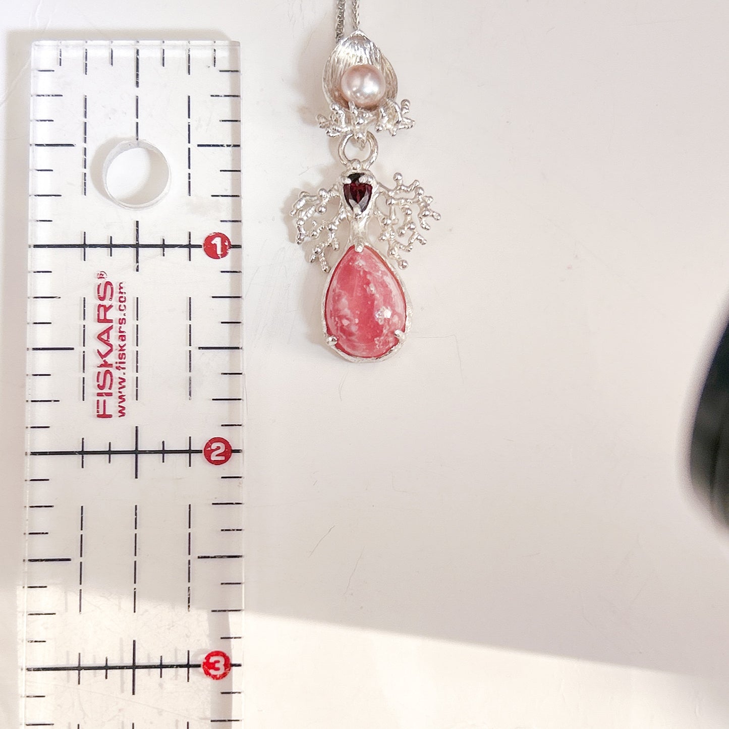 Rhodochrosite garnet pearl pendent necklace natural inspired necklace with salmon pink gemstone
