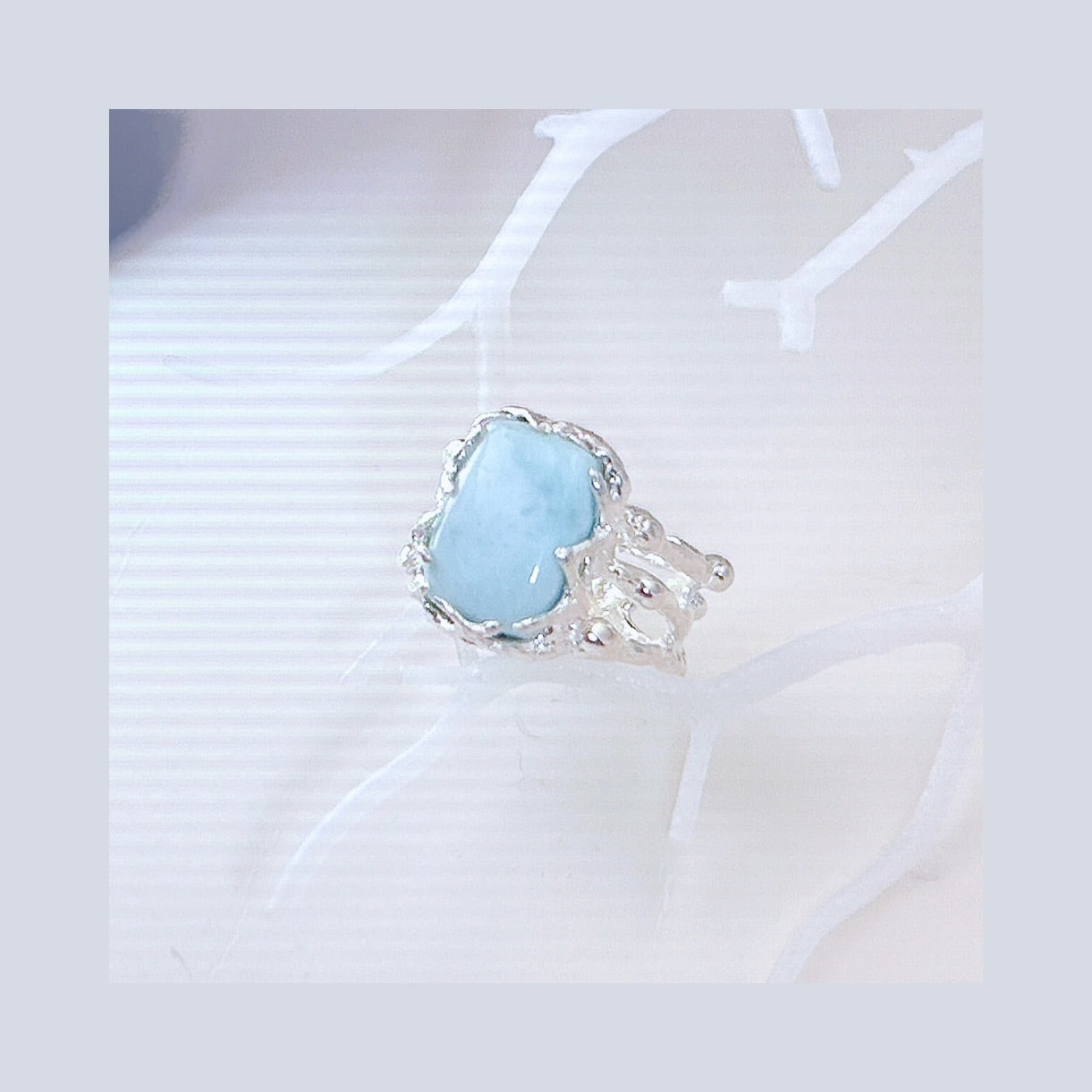 Larimar, moonstone ring, statement piece in a Hand-craved wide casting ring band, with melted details. Sterling silver ring, ocean jewelry