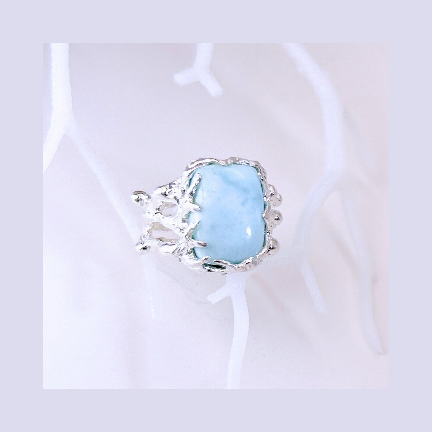 Larimar, moonstone ring, statement piece in a Hand-craved wide casting ring band, with melted details. Sterling silver ring, ocean jewelry