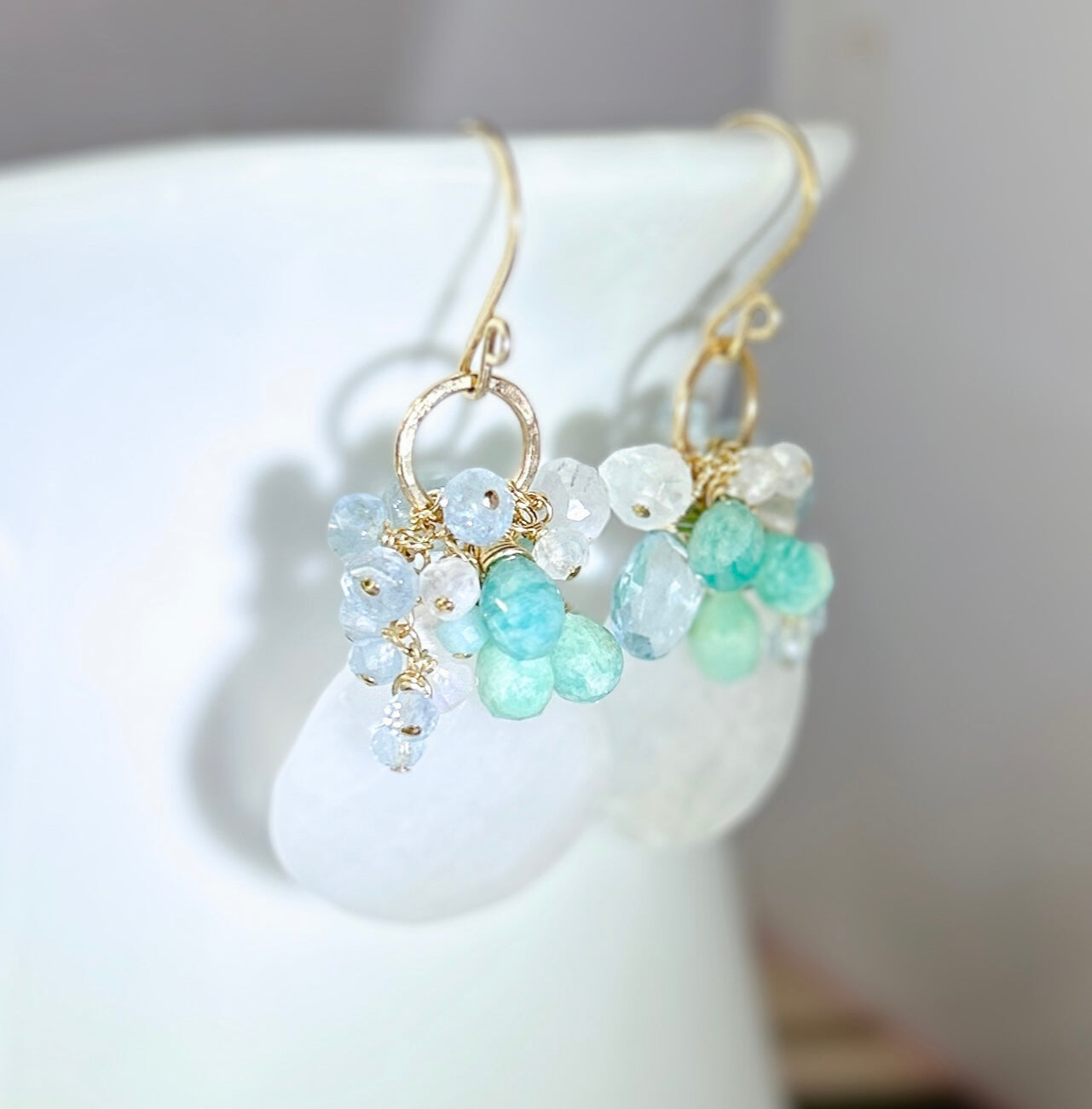Rainbow moonstone earrings, aquamarine, amazonite, blue topaz gemstones cluster dangle earrings