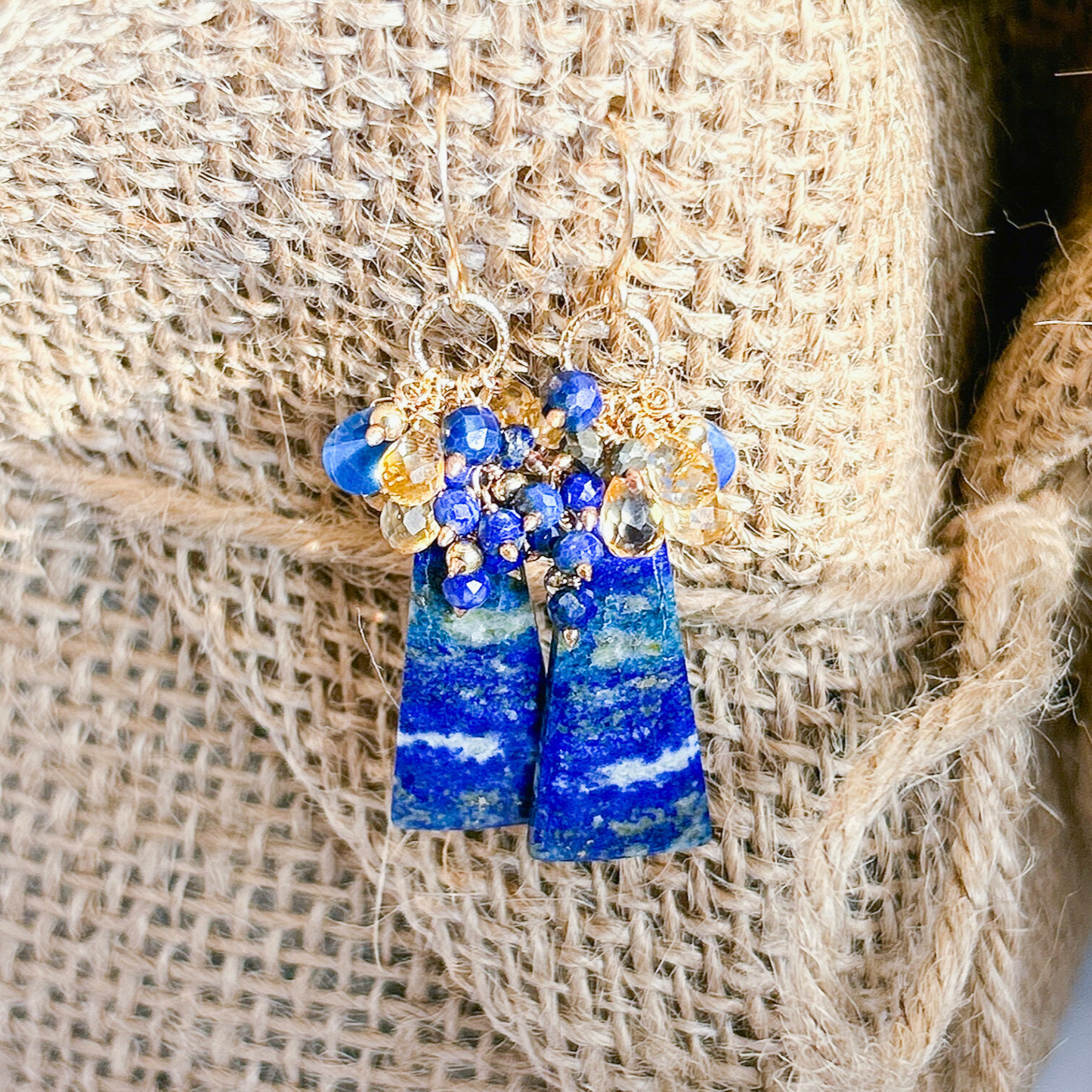 Gold pyrite lapis lazuli earrings, unique handmade gemstone cluster earring with lapis, pyrite, citrine.