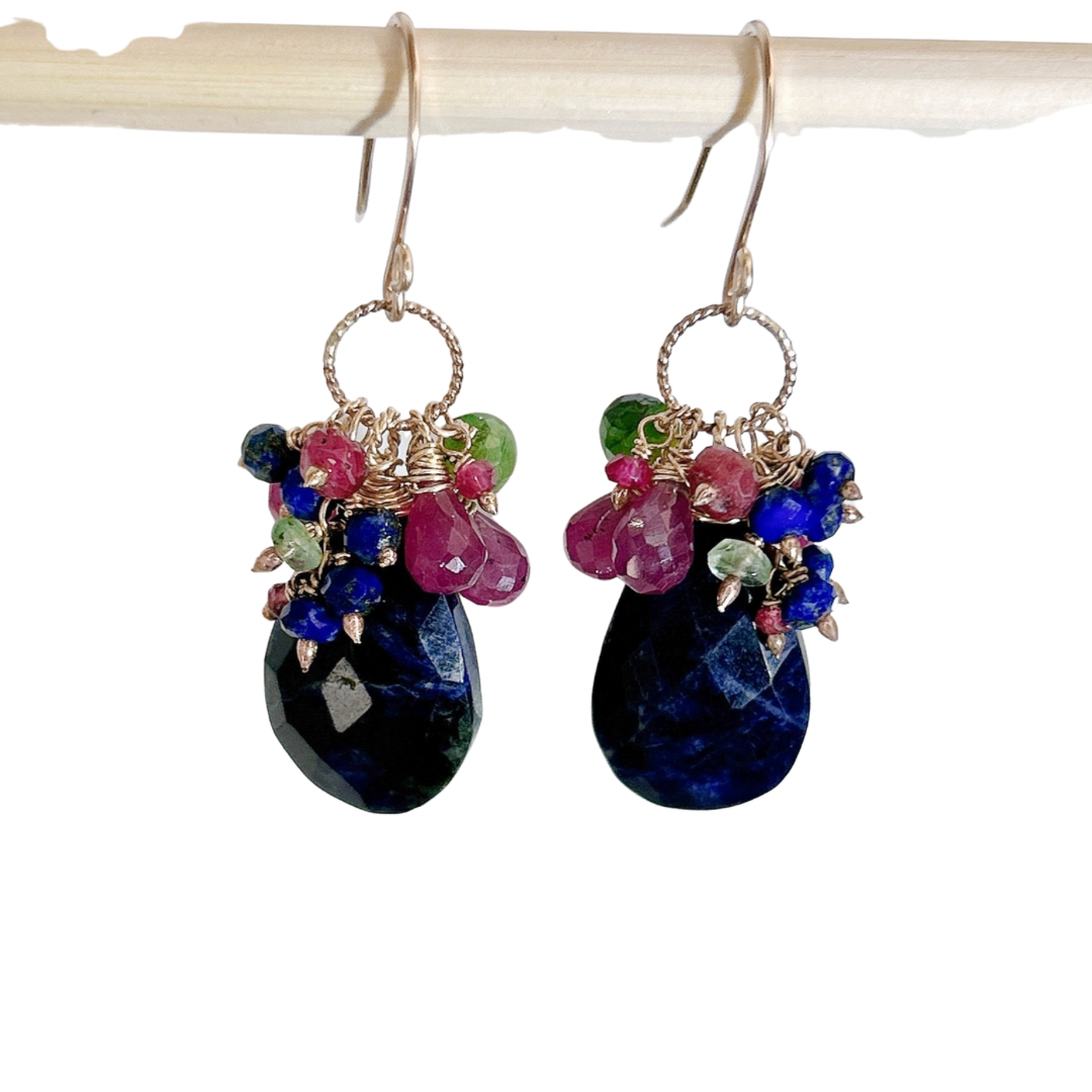 Natural sodalite dangle earrings with Ruby, lapis, emerald.
one of a kind pair.