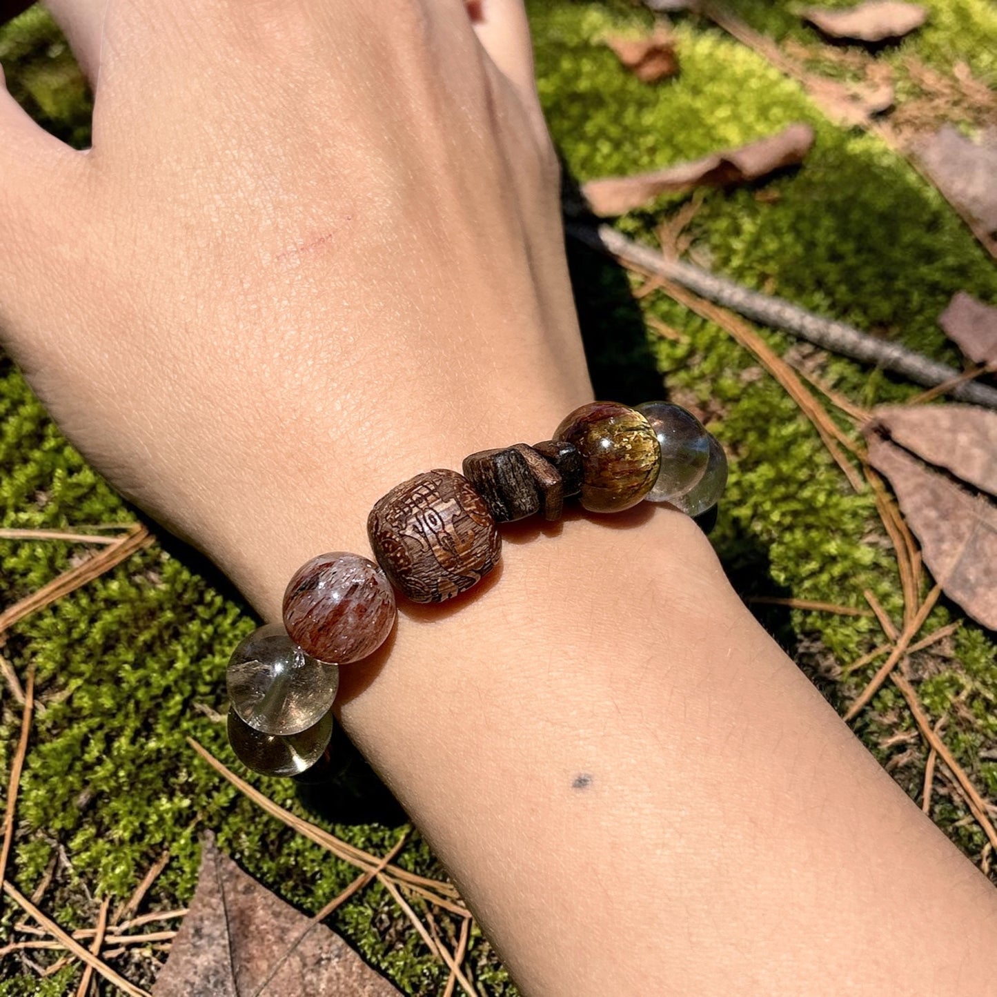 Agarwood smoky quartz Pietersite beaded bracelet, golden brown Gemstone Stretch Bracelet, natural scent natural redwood