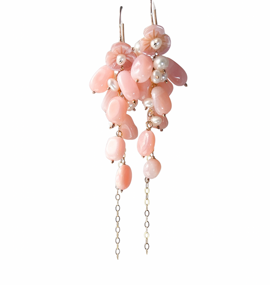 Pink opal pearl earrings, cotton candy gemstone earring cluster, long cluster tassel earrings with natural pink opal and freshwater pearl.