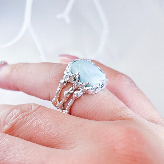 Larimar, moonstone ring, statement piece in a Hand-craved wide casting ring band, with melted details. Sterling silver ring, ocean jewelry