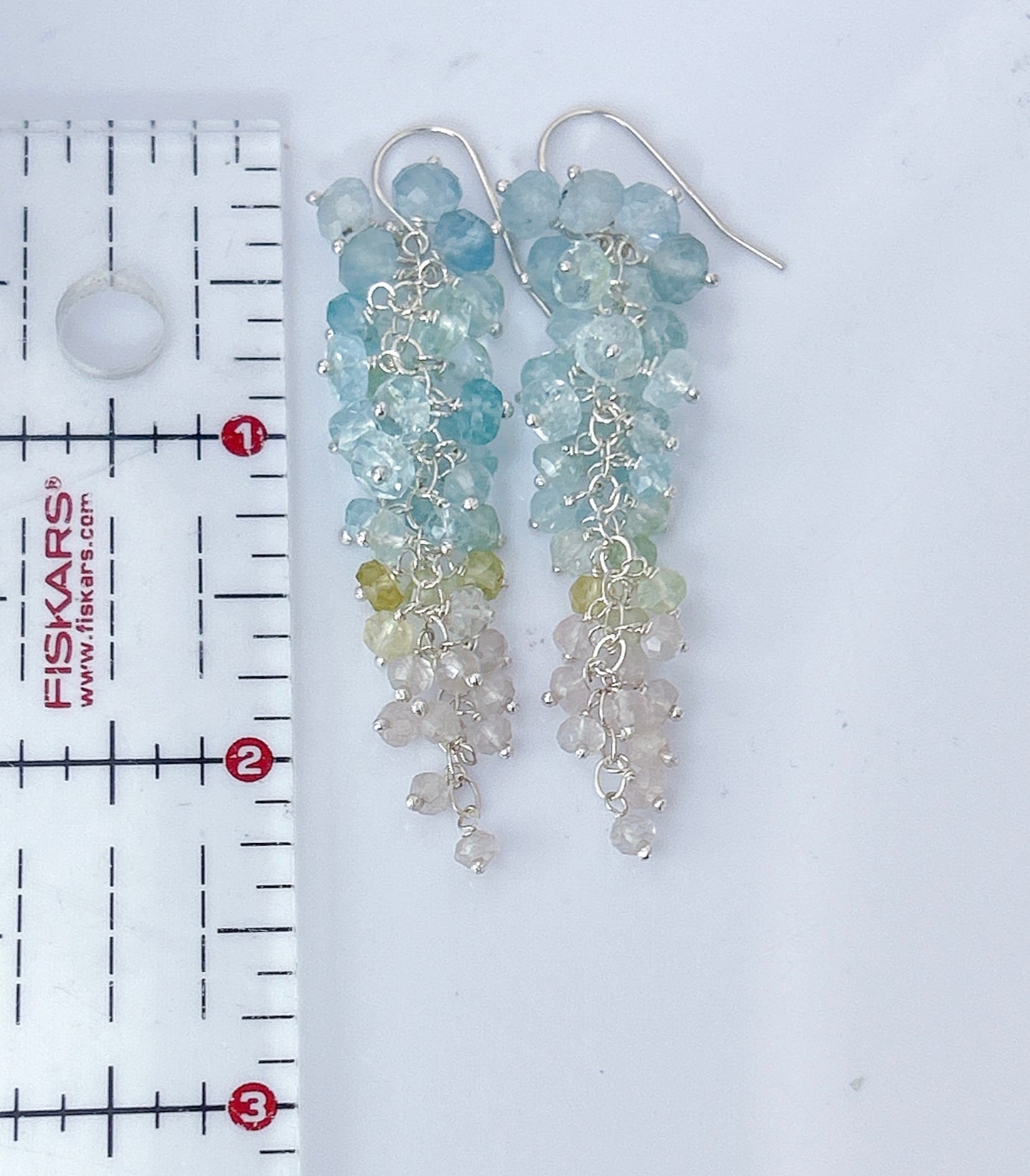 Blue pink gemstone cluster earrings, long dangle earring cascade earrings with natural aquamarine