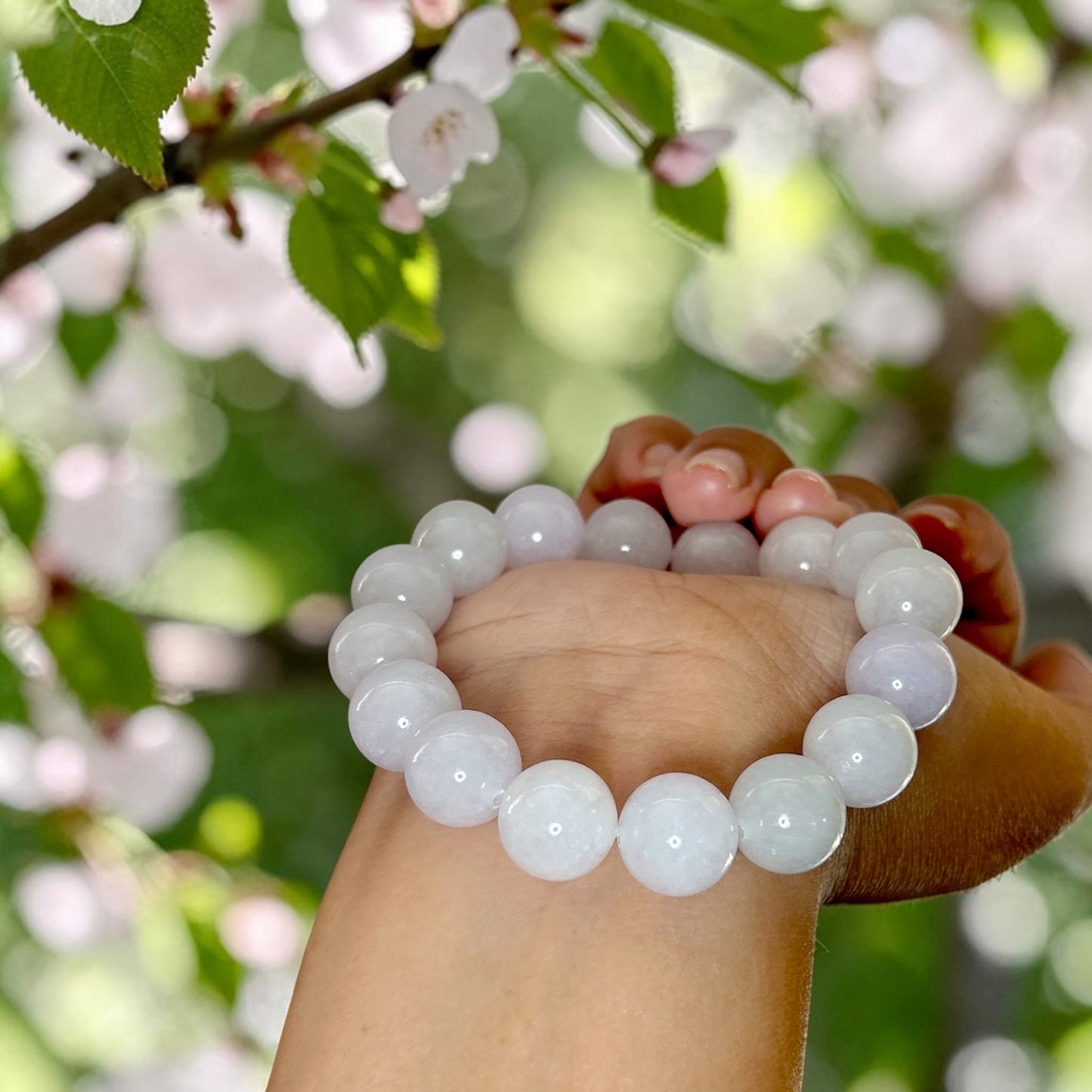 Jadeite jade beaded bracelet, 13MM+ glossy white jade bracelet, Myanmar jadeite, untreated Burmese type A jadeite