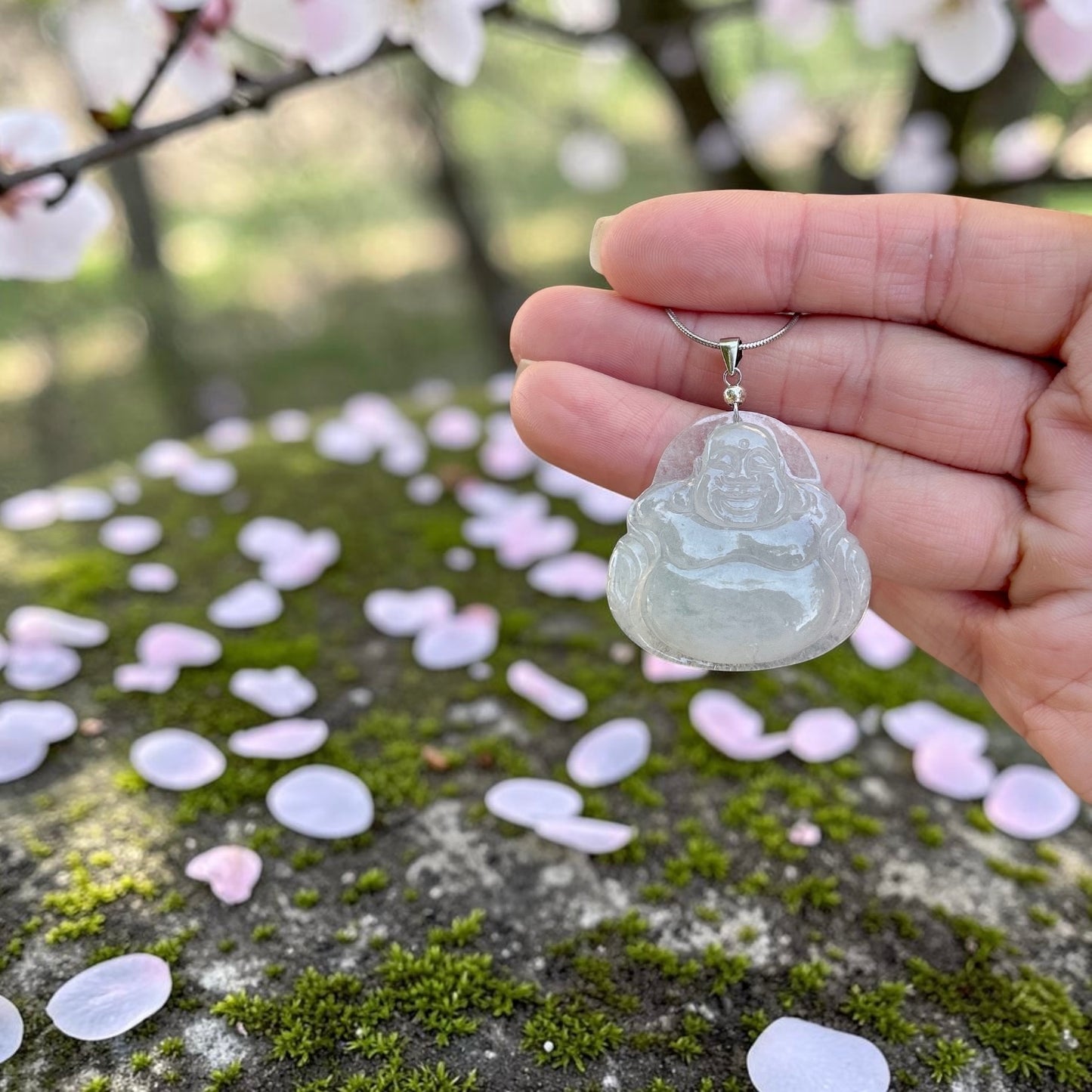 Laughing Buddha Pendant necklace, 33x32MM Icy White Laughing Buddha Jadeite Jade Pendant, Untreated Type A Burmese Jadeite