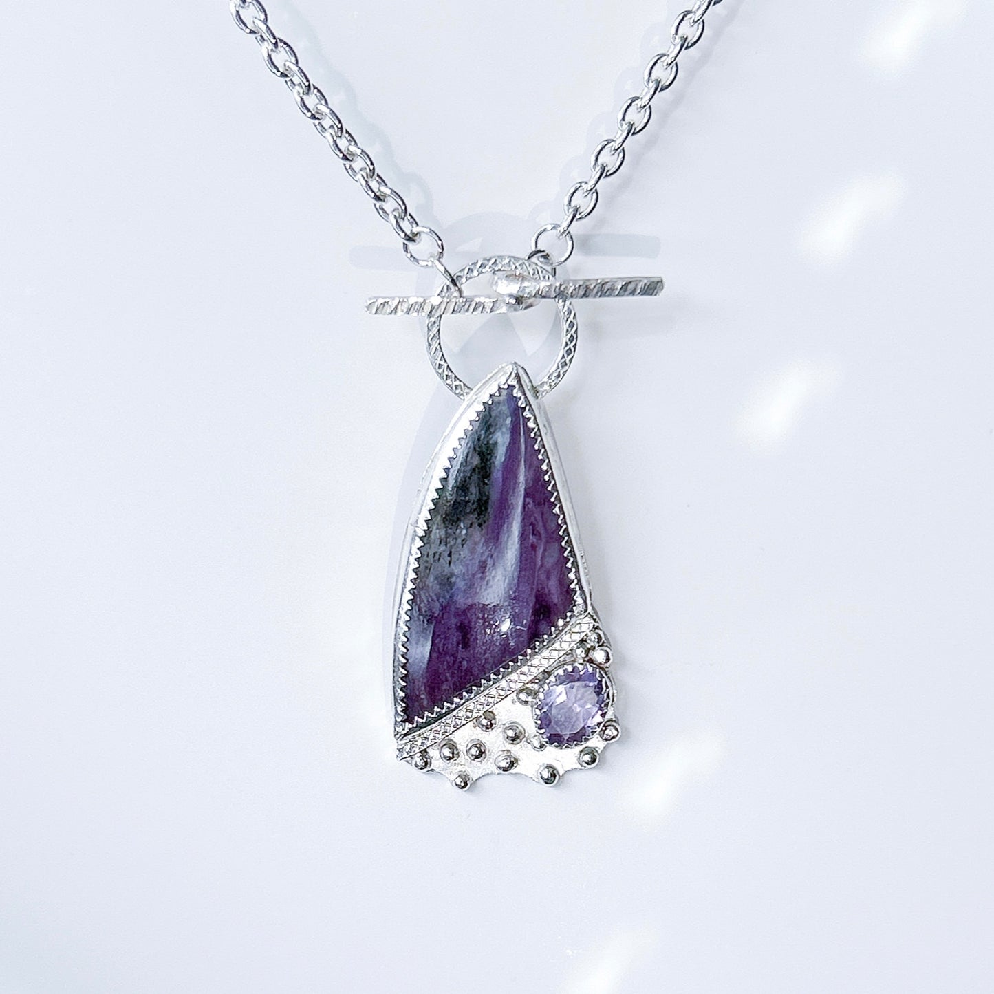 Charoite pendent necklace sterling silver, with amethyst gemstone layering necklace