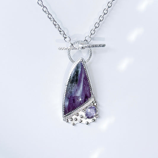 Charoite pendent necklace sterling silver, with amethyst gemstone layering necklace