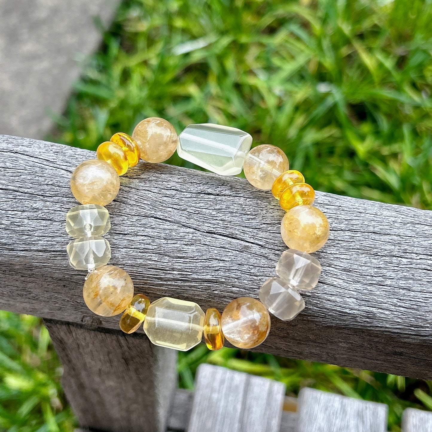 Yellow hematoid quartz, amber, lemon quartz, honey yellow tone gemstone bracelet. Natural crystal healing gift idea. Spiritual protection jewelry