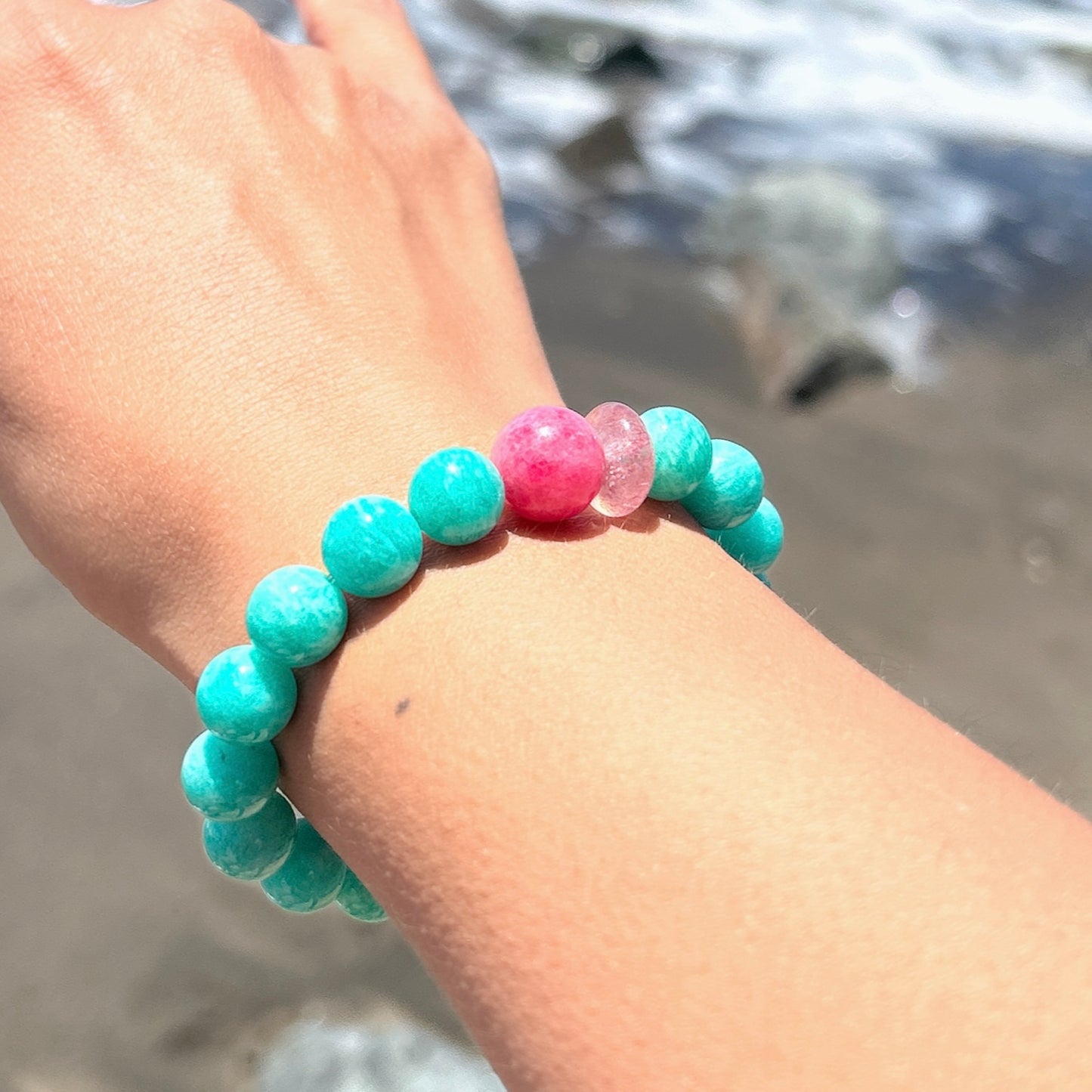 Amazonite pink rhodonite beaded stretch bracelet, 10MM Amazonite, 12.5MM+pink Rhodonite