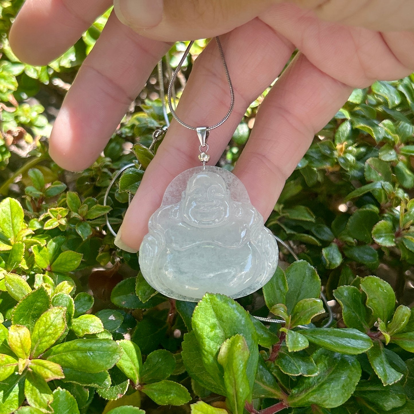 Laughing Buddha Pendant necklace, 33x32MM Icy White Laughing Buddha Jadeite Jade Pendant, Untreated Type A Burmese Jadeite