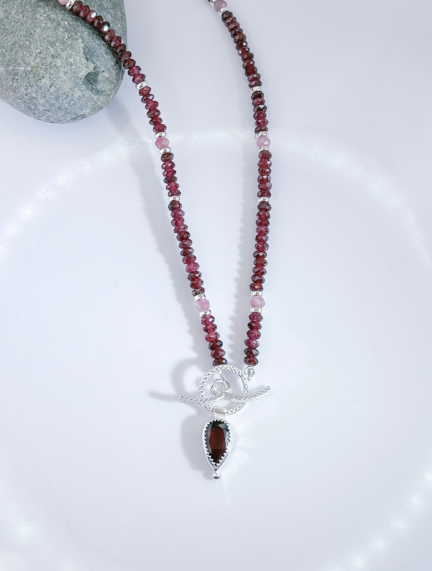 Garnet locket necklace, beaded garnet gemstone chocker necklace, fancy statement layering necklace with sterling toggle clasp.